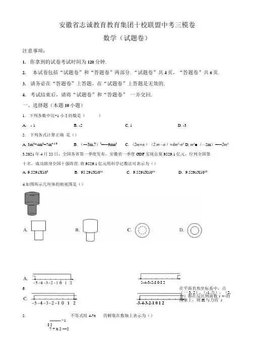 安徽省志诚教育十校联盟2021年九年级中考三模数学试题(含答案与解析).docx