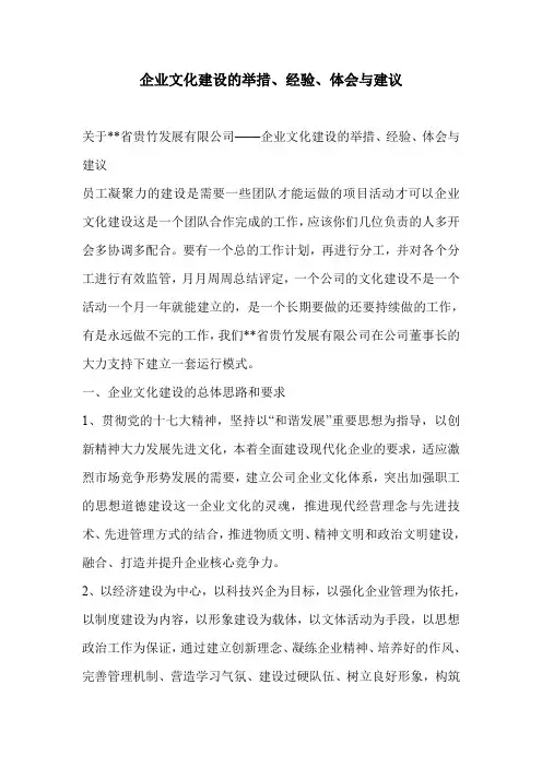 企业文化建设的举措、经验、体会与建议