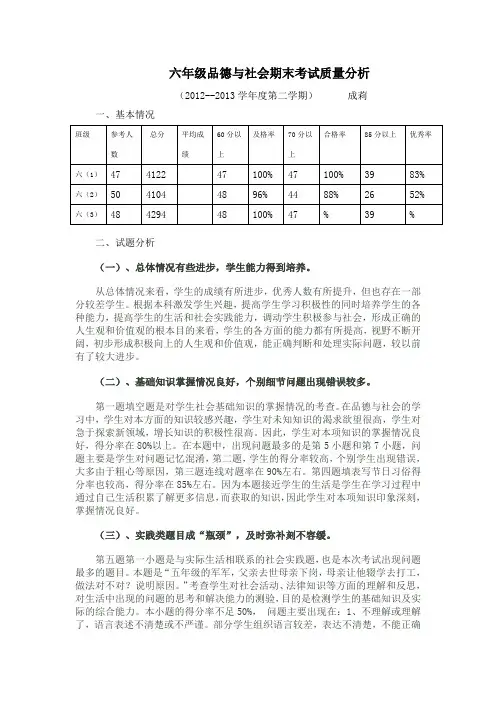 六年级品德与社会期末考试质量分析