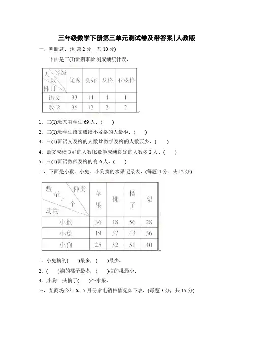 人教版三年级数学下册第三单元测试题及答案【最新】