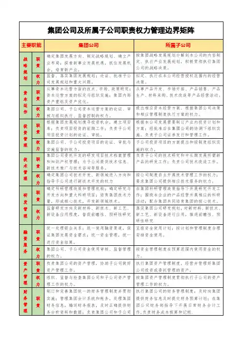 集团公司及所属子公司职责权力管理边界矩阵