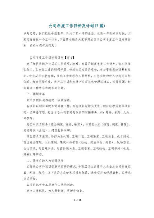 公司年度工作目标及计划(7篇)