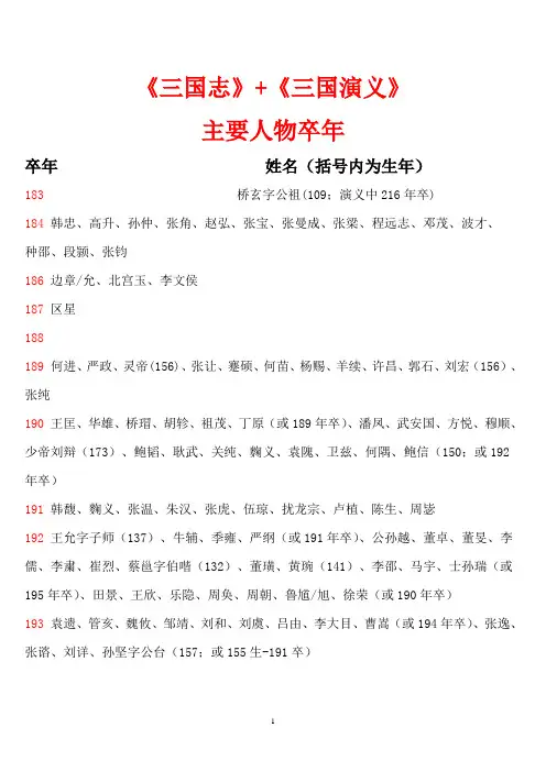 《三国志》+《三国演义》主要人物卒年