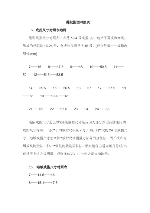 港版指围对照表