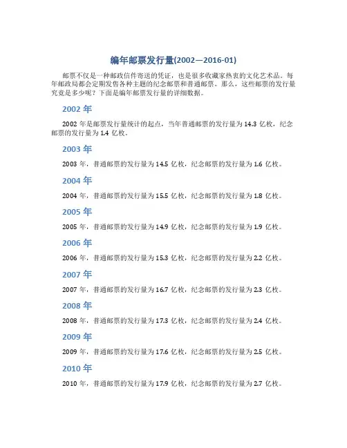 编年邮票发行量(2002—2016-01)