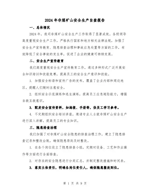 2024年非煤矿山安全生产自查报告(3篇)