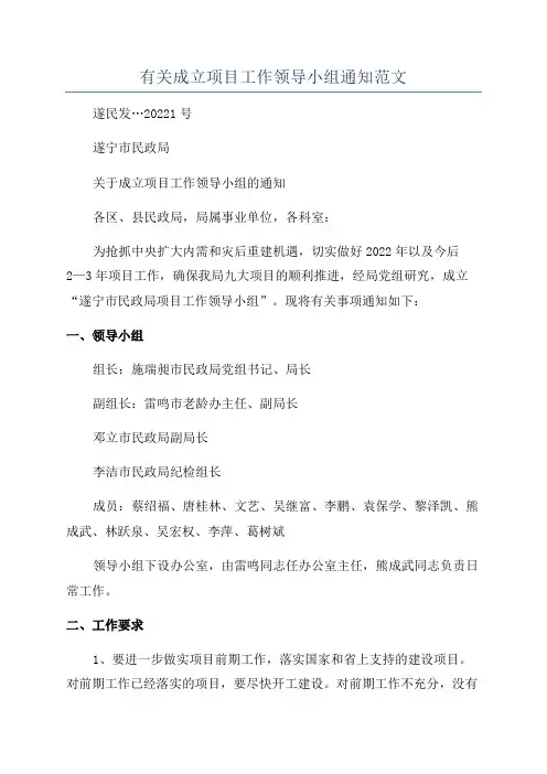有关成立项目工作领导小组通知范文