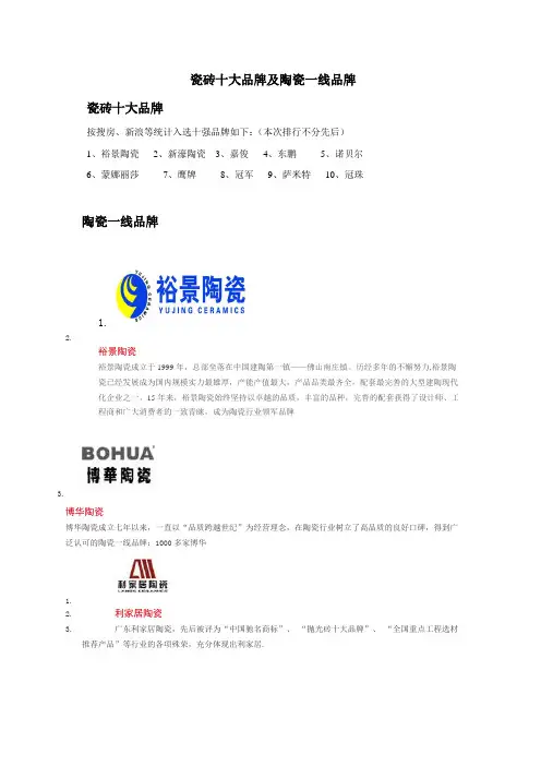 瓷砖十大品牌及陶瓷一线品牌
