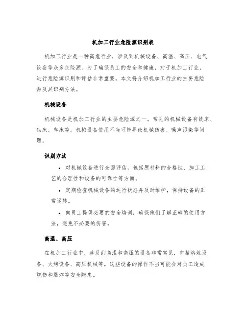 机加工行业危险源识别表
