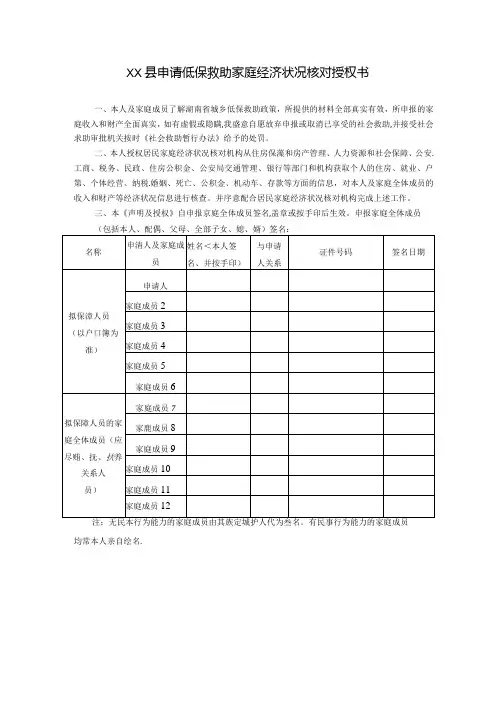 低保救助家庭经济状况核对授权书模板.docx