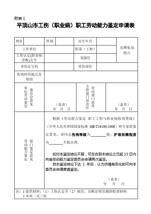 平顶山市工伤(职业病)职工劳动能力鉴定申请表