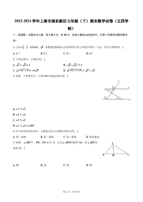 2023-2024学年上海市浦东新区七年级(下)期末数学试卷(五四学制)(含答案)