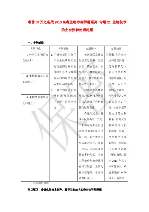 【备战2013】高考生物-考前30天冲刺押题系列-专题21-生物技术的安全性和伦理问题