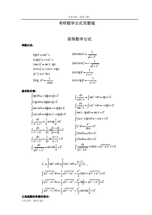 考研数学二公式完整版（免费版_考研必备）