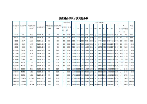 反应罐外形尺寸及其他参数
