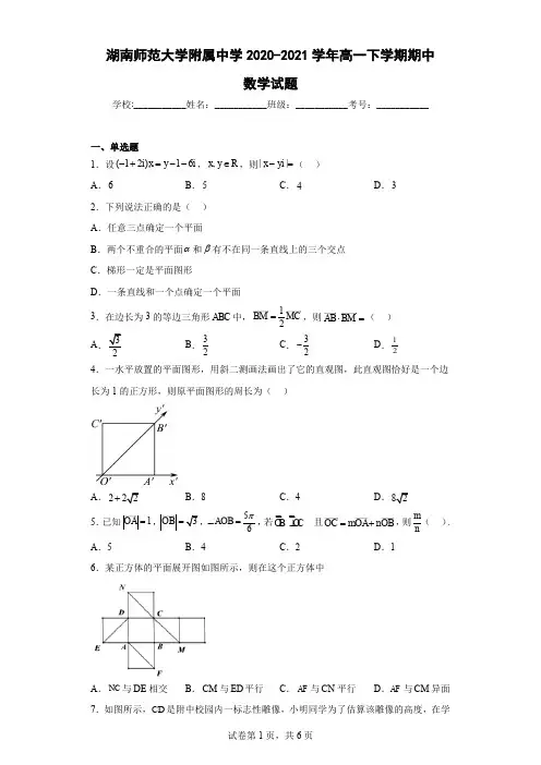湖南师范大学附属中学2020-2021学年高一下学期期中数学试题含解析