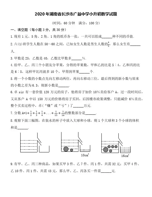 2020年湖南省长沙市广益中学小升初数学试题word空白卷及详细解答