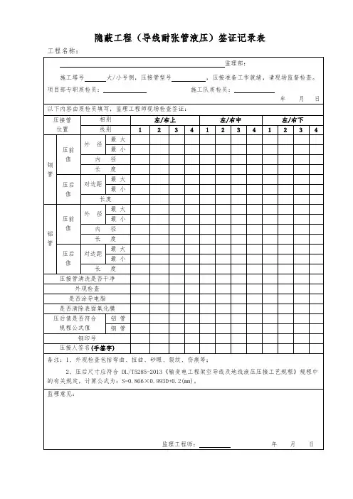 隐蔽工程(导线耐张管液压)签证记录表