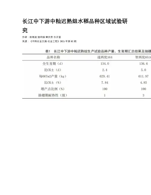 长江中下游中籼迟熟组水稻品种区域试验研究