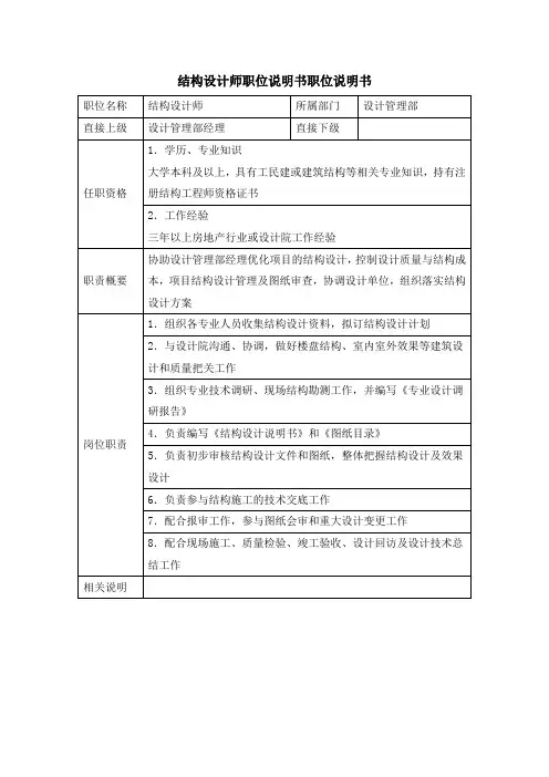 房地产开发公司结构设计师职位说明书职位说明书