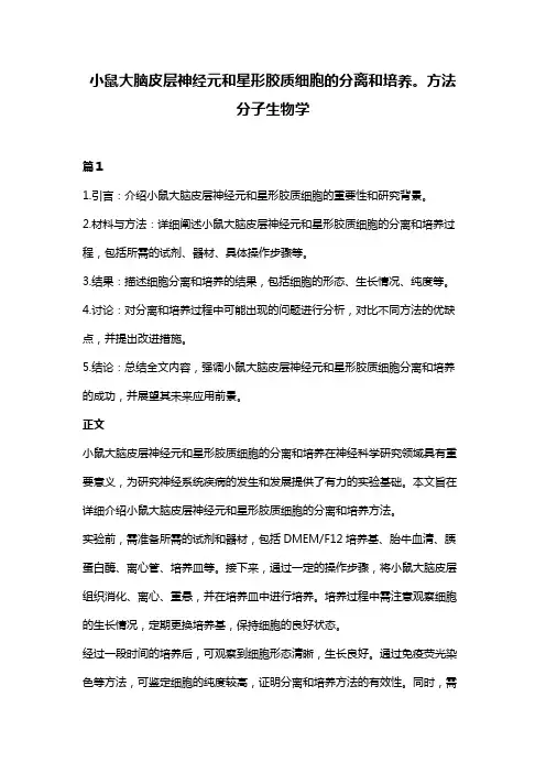 小鼠大脑皮层神经元和星形胶质细胞的分离和培养。方法分子生物学