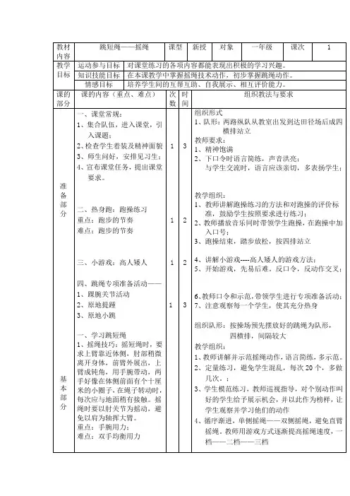 一年级跳短绳教案