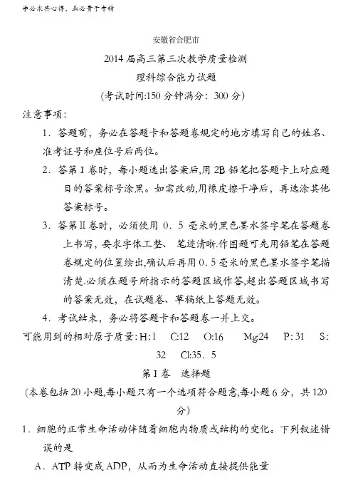 合肥市高三第三次教学质量检测理综试题