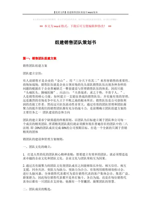【优质文档】组建销售团队策划书word版本 (10页)