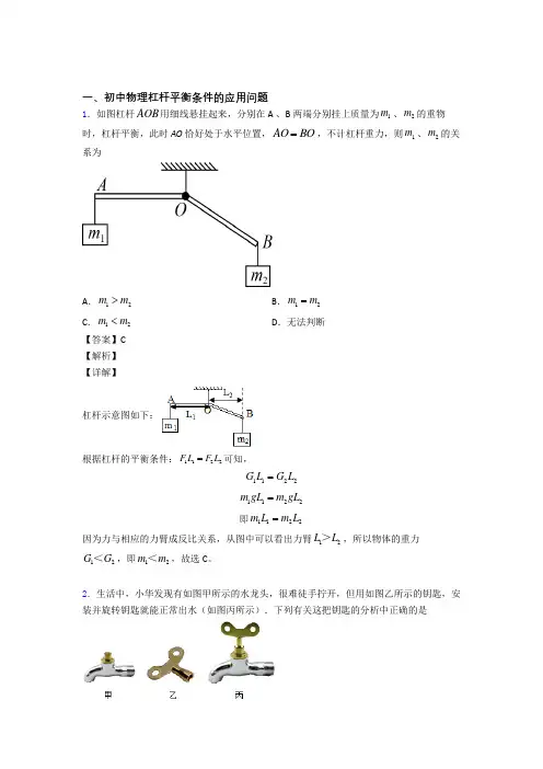 2020-2021备战中考物理一模试题分类汇编——杠杆平衡条件的应用问题综合附详细答案