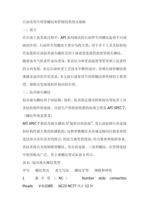石油常用专用管螺纹和管材的类型和规格
