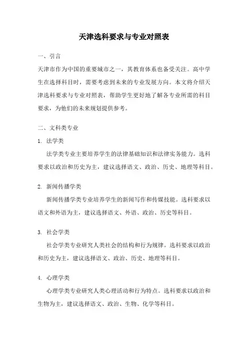 天津选科要求与专业对照表