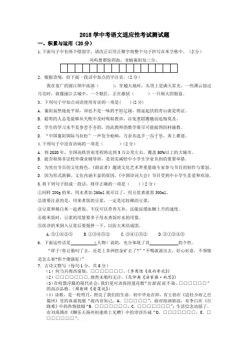 中考适应性考试语文考试题及参考答案