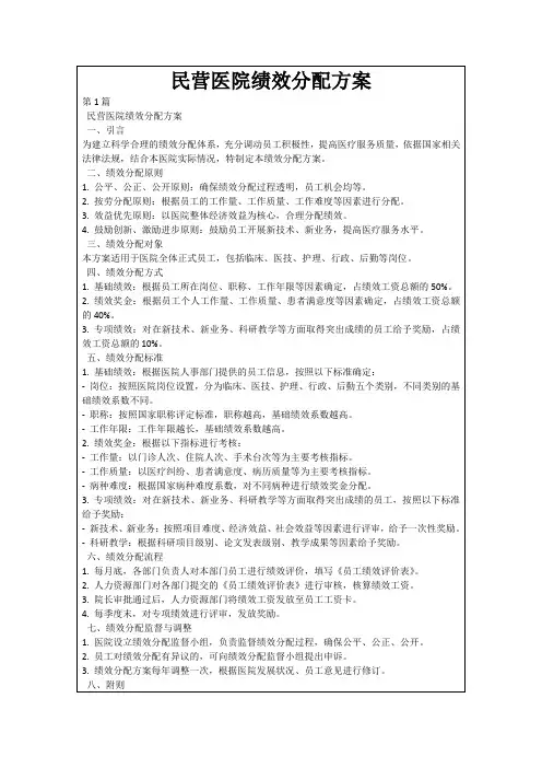民营医院绩效分配方案