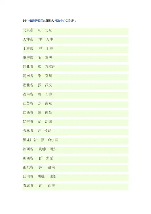 34个省级行政区的简称和行政中心