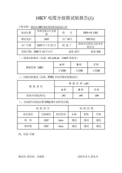 10KV电缆分接箱试验报告