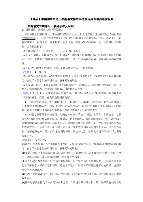 【精品】部编初中中考上学期语文修辞手法及运用专项训练含答案
