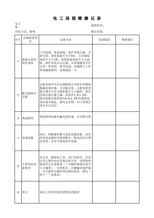 电工巡查维修登记表、电工检查记录表
