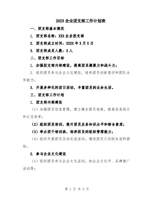 2023企业团支部工作计划表