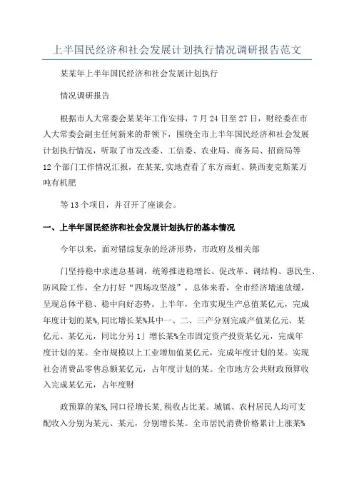 上半国民经济和社会发展计划执行情况调研报告范文