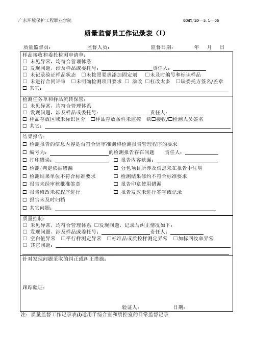 质量监督员工作记录表(模板)