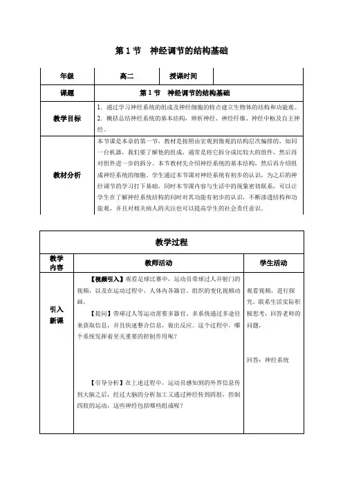 神经调节的结构基础(教学设计)高二生物系列(人教版2019选择性必修1)