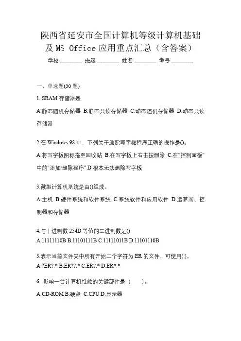 陕西省延安市全国计算机等级计算机基础及MS Office应用重点汇总(含答案)