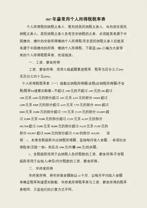 2017年最常用个人所得税税率表