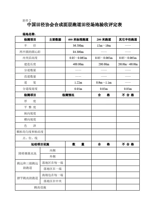 中国田径协会合成面层跑道田径场地验收评定表