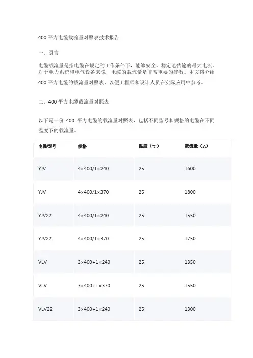 400平方电缆载流量对照表