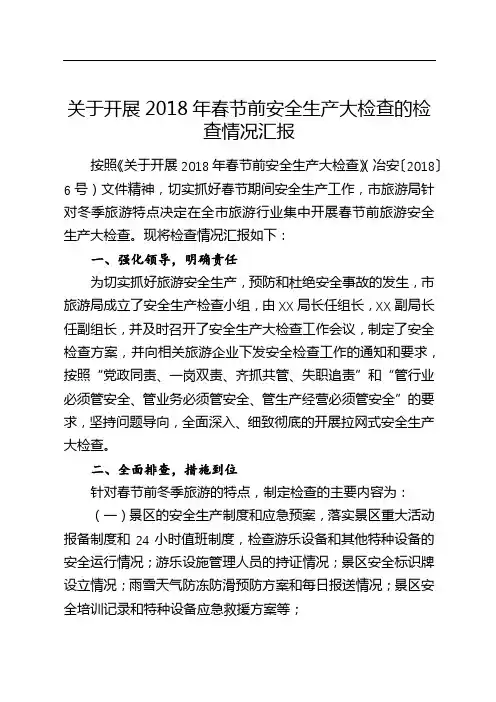 2018XX旅游局春节旅游安全生产大检查情况汇报