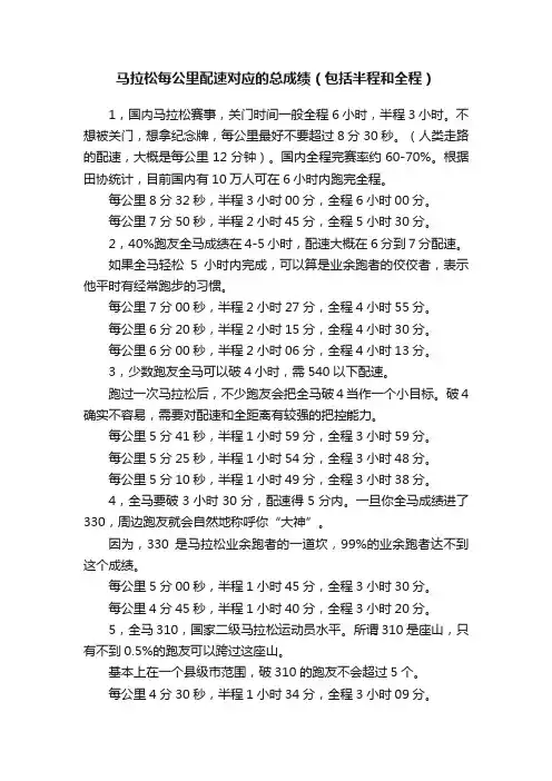 马拉松每公里配速对应的总成绩（包括半程和全程）