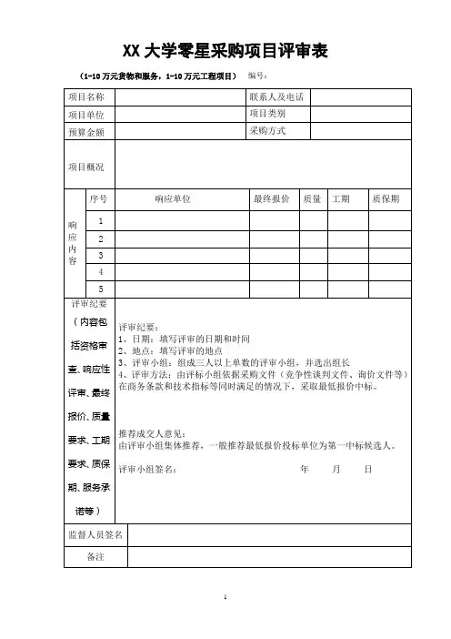 大学零星采购项目评审表