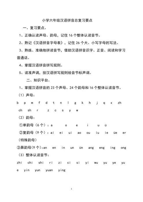 小学六年级汉语拼音总复习要点