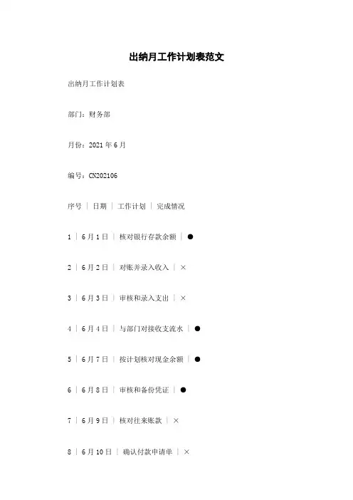 出纳月工作计划表范文